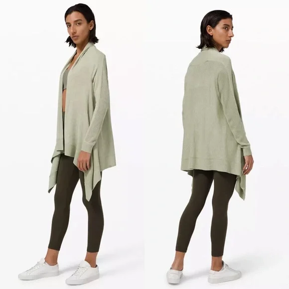 Lululemon Cashlu Knit Wrap Womens Rosemary Green Open Front Waterfall Size M/L - Picture 2 of 7